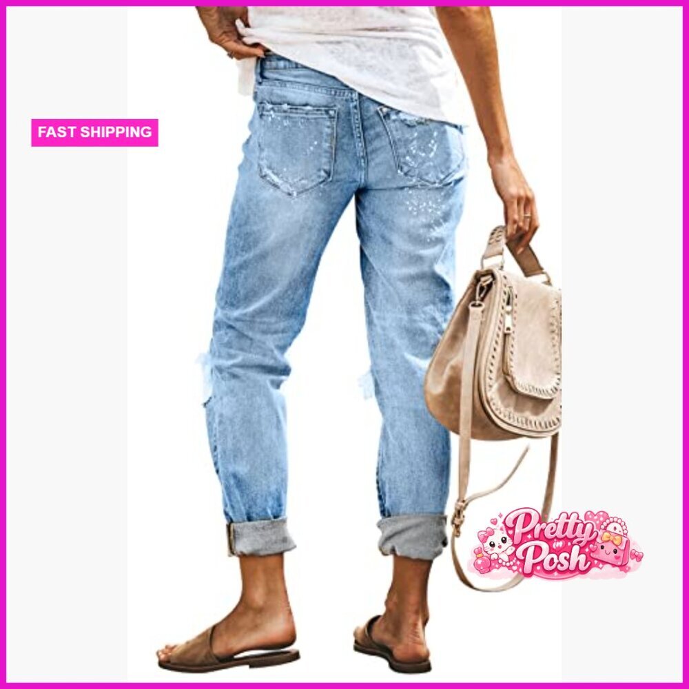 Ripped Mid Waisted Boyfriend Jeans Loose Fit Distressed Stretchy Denim Pants - Picture 6 of 6